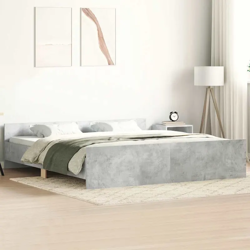 cadru de pat cu tablie la cap/picioare, gri beton, 200x200 cm
