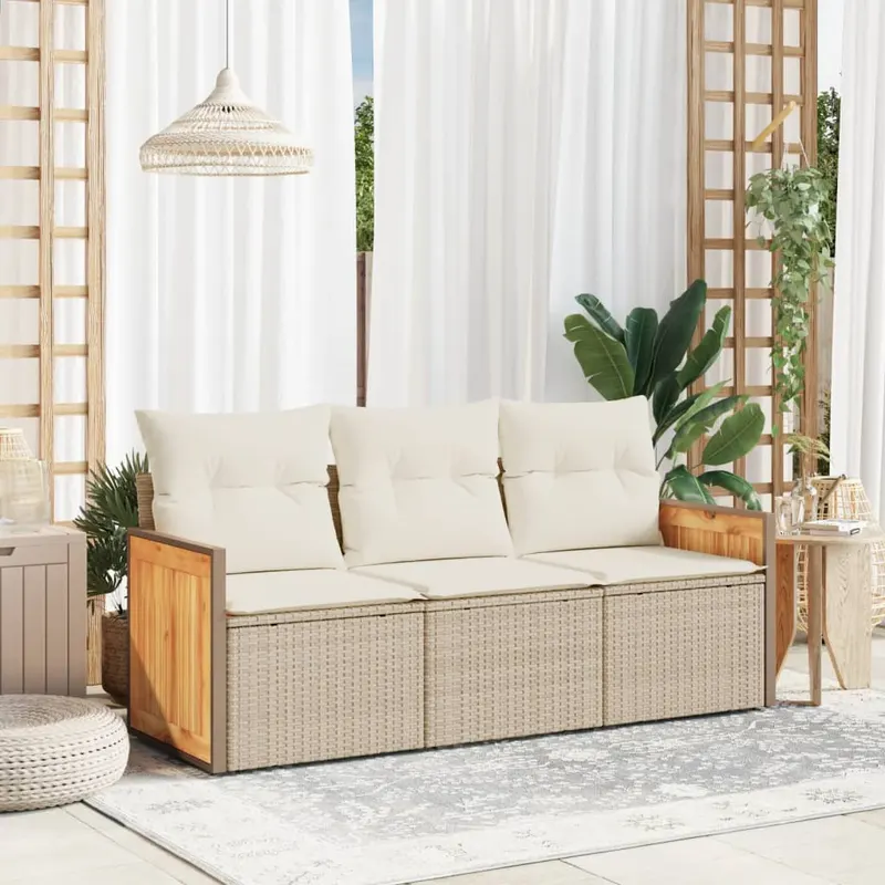 set canapele de gradina, 3 piese, cu perne, bej, poliratan