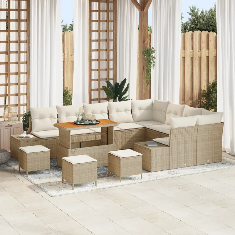Set canapea gradina 13 piese cu perne bej poli ratan acacia, set dining gradina 4 piese cu perne bej poli ratan acacia, canapea gradina 2 piese cu perne bej poli ratan