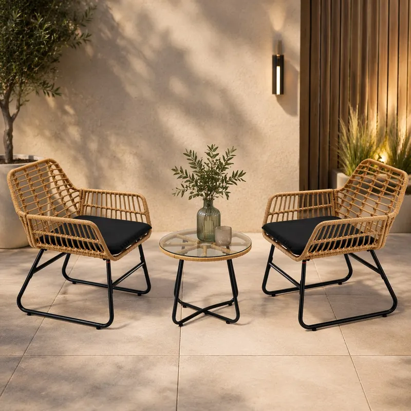 Set mobilier gradina din ratan, 2 scaune cu perne, 1 masa rotunda, maro