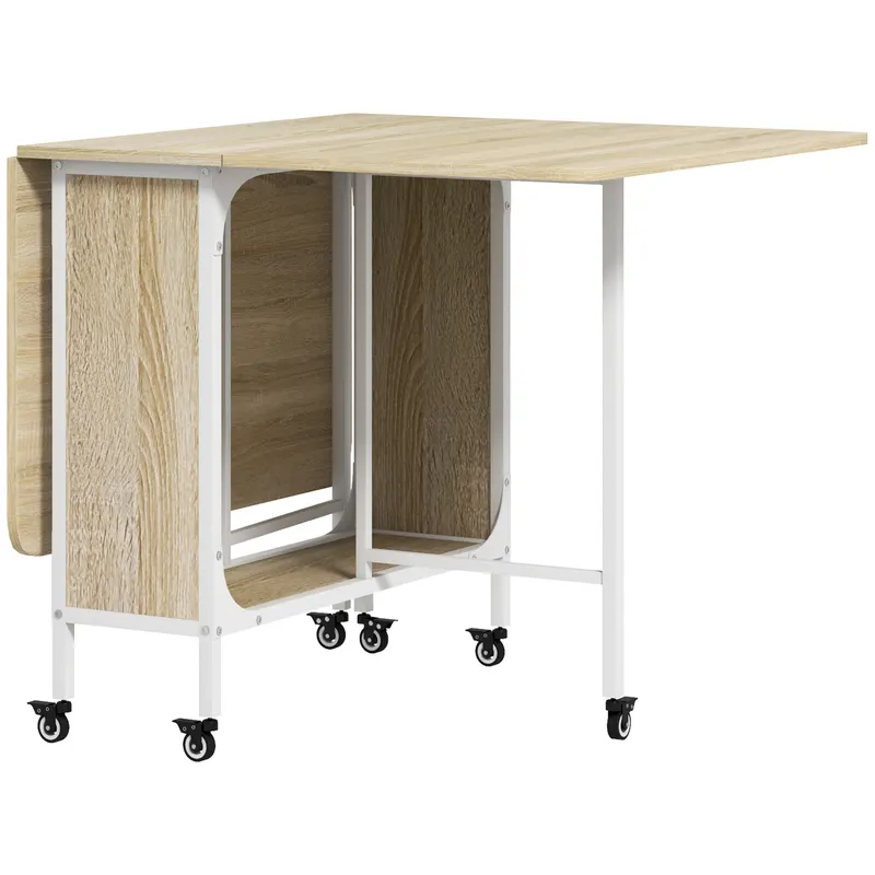 HOMCOM Masă Pliabilă pentru 4-6 Persoane, Masă cu Spațiu Economic, Raft și 6 Roți, 130x80x74 cm, Lemn Natural