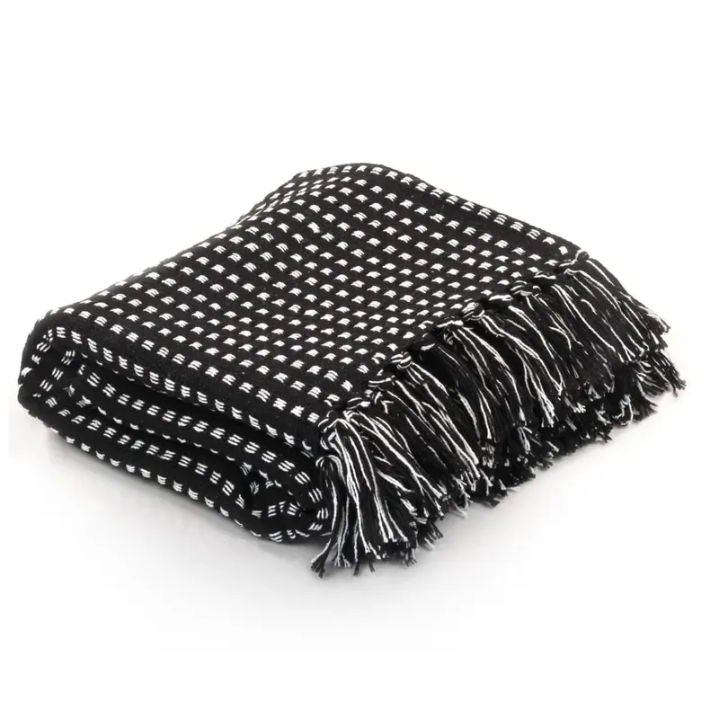 patura decorativa cu patratele, bumbac, 220 x 250 cm, negru