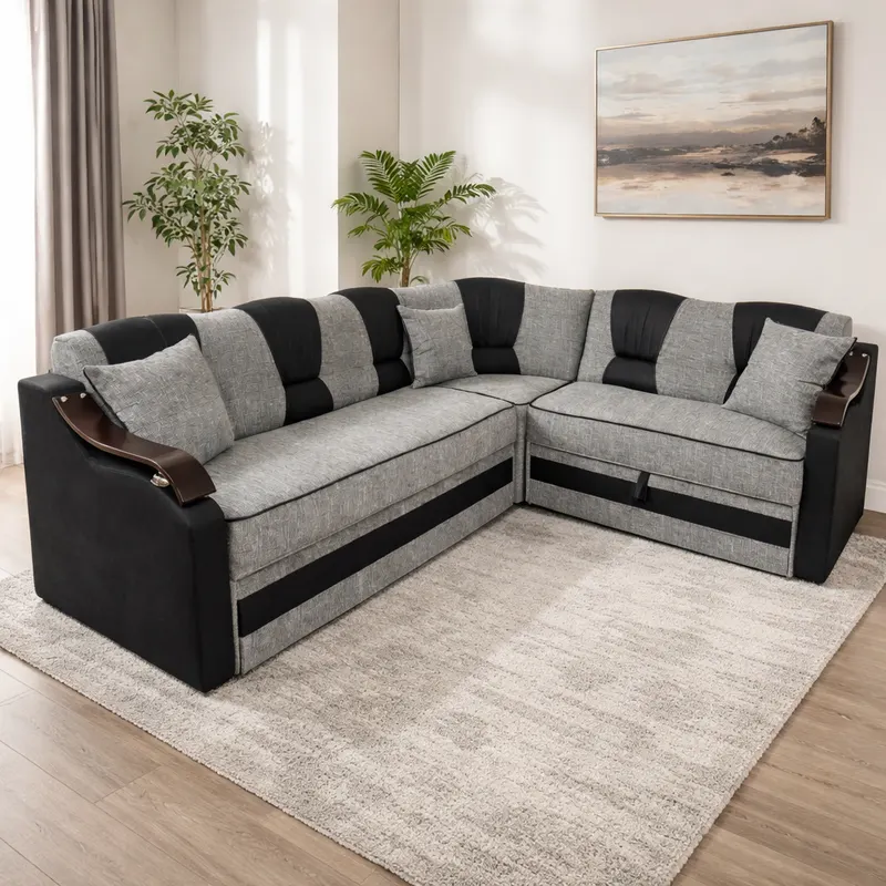 Coltar VALAHIA extensibil, lada de depozitare, stofa gri inchis cu gri deschis, 270x220x90 Gri + Negru