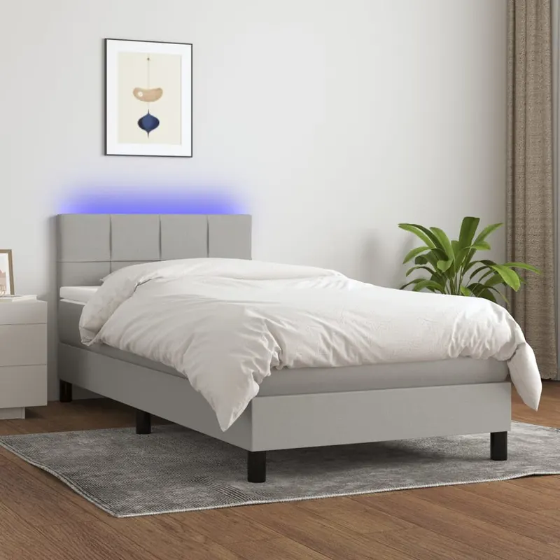 pat cu arcuri, saltea si led, gri deschis, 90x190 cm, textil