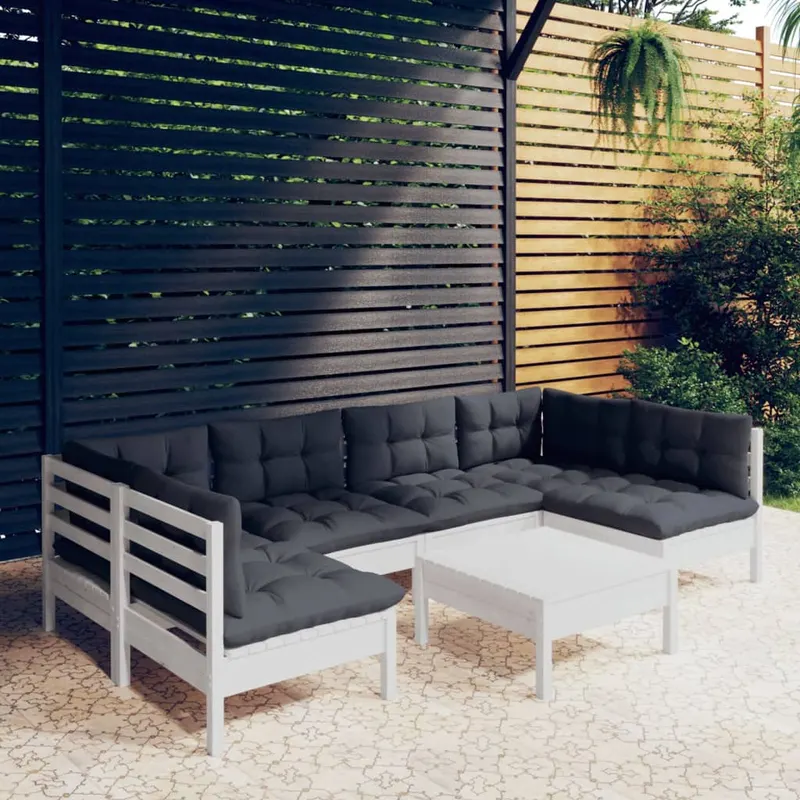 set mobilier gradina cu perne, 7 piese, alb, lemn masiv de pin