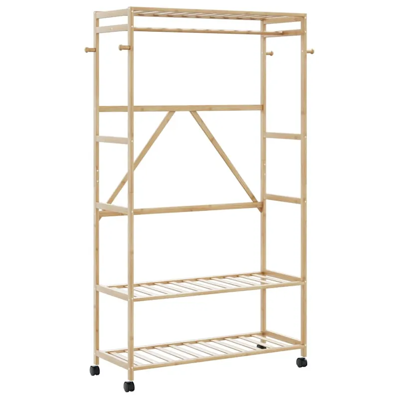 suport pentru haine cu rafturi si roti 110x40x180 cm bambus