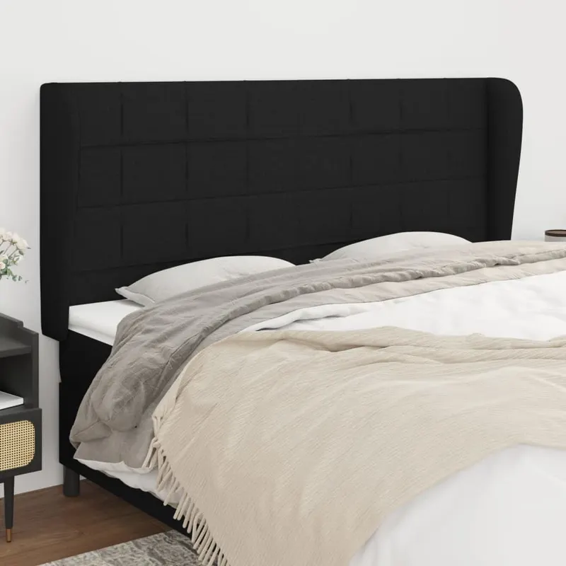 Tablie de pat cu aripioare, negru, 183x23x118/128 cm, textil