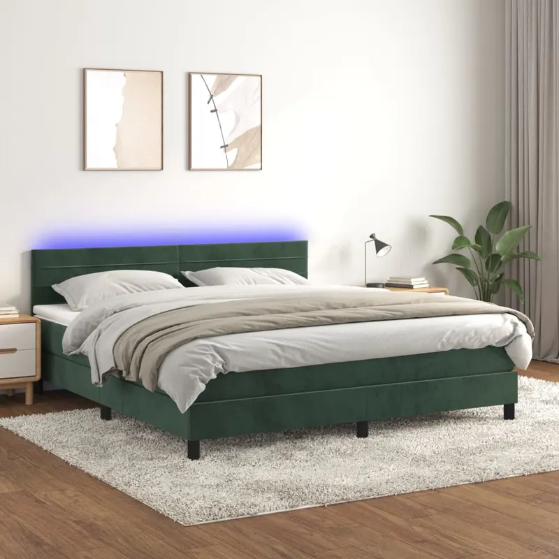 pat cu arcuri, saltea si led, verde inchis, 160x200 cm, catifea