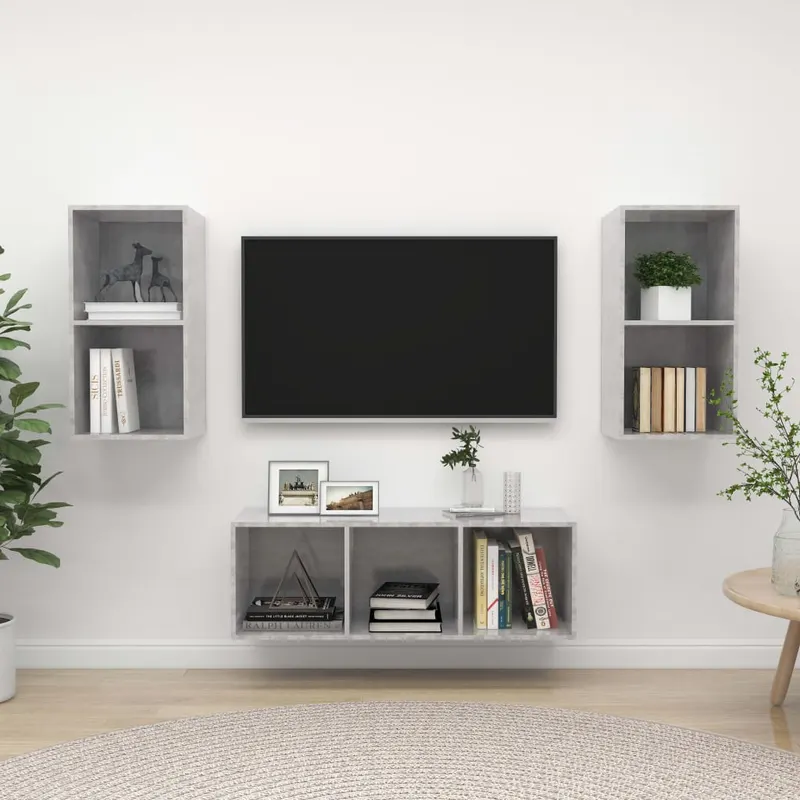 set dulap tv, 3 piese, gri beton, lemn prelucrat