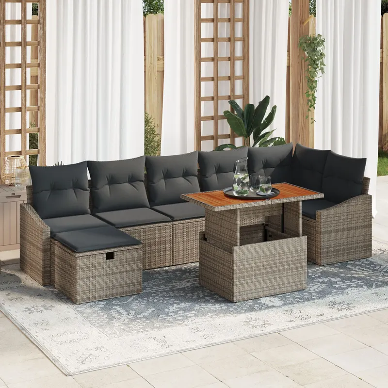set canapea gradina de 8 piese cu perna gri poli ratan