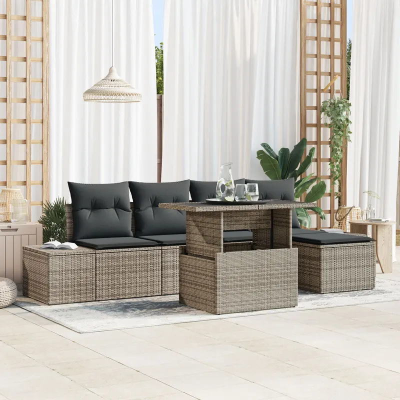 set de canapea de gradina cu 6 piese cu perne gri din ratan sintetic