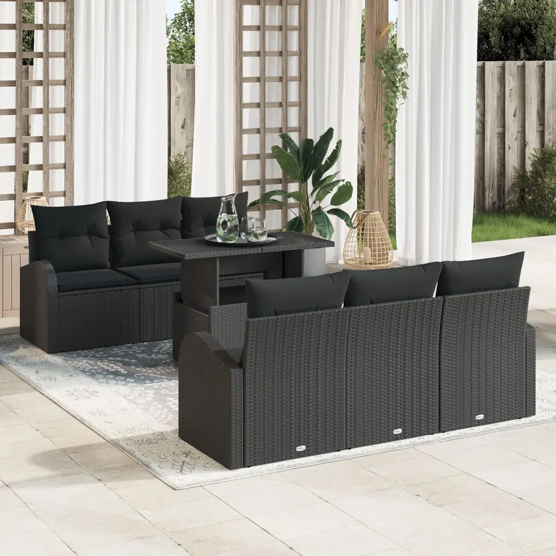 Set canapea gradina 7 piese cu pernute negru ratan polimer, canapea gradina 2 locuri spatiu depozitare pernute negru ratan polimer