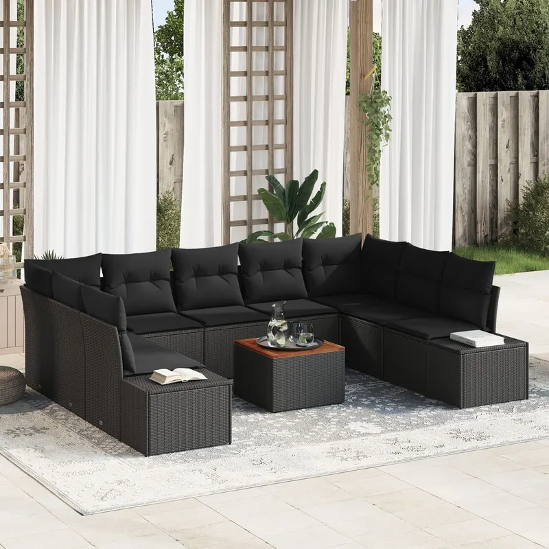 set de canapea de gradina cu 10 piese cu perne, negru, poliratan, acacia