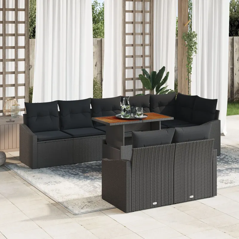 set de cina pentru gradina , 9 piese cu perne, ratan polyratan negru si acacia