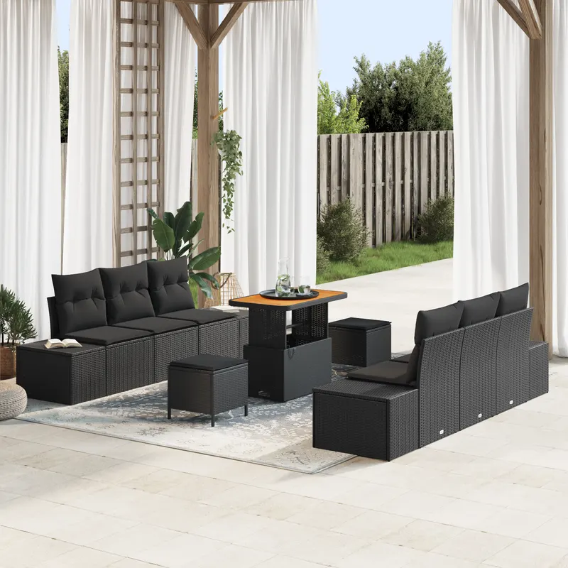 Set de canapele pentru gradina cu perne negru poliratan acacia, canapea de gradina pentru 2 persoane cu depozitare si perne negru poliratan, set de dining pentru gradina cu 3 piese si perne negru poliratan acacia