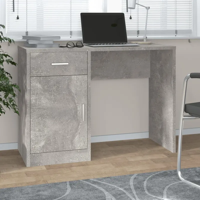 birou cu sertar si dulap, gri beton 100x40x73 cm lemn prelucrat