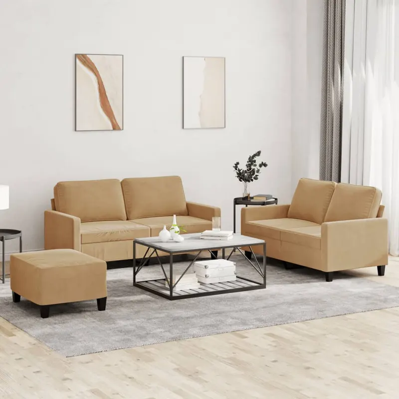 set de canapele cu perne, 3 piese, maro, catifea
