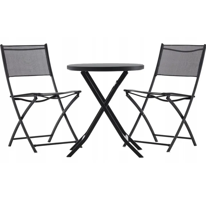 Set mobilier balcon pliabil masa sticla 2 scaune metalice, 60x70 cm, maxim 140 kg, negru