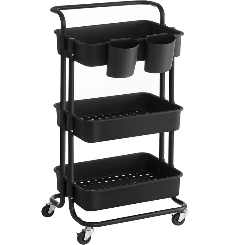 Carucior depozitare roti 3 nivele cadru otel cosuri plastic, 42x34x86 cm, versatil, negru