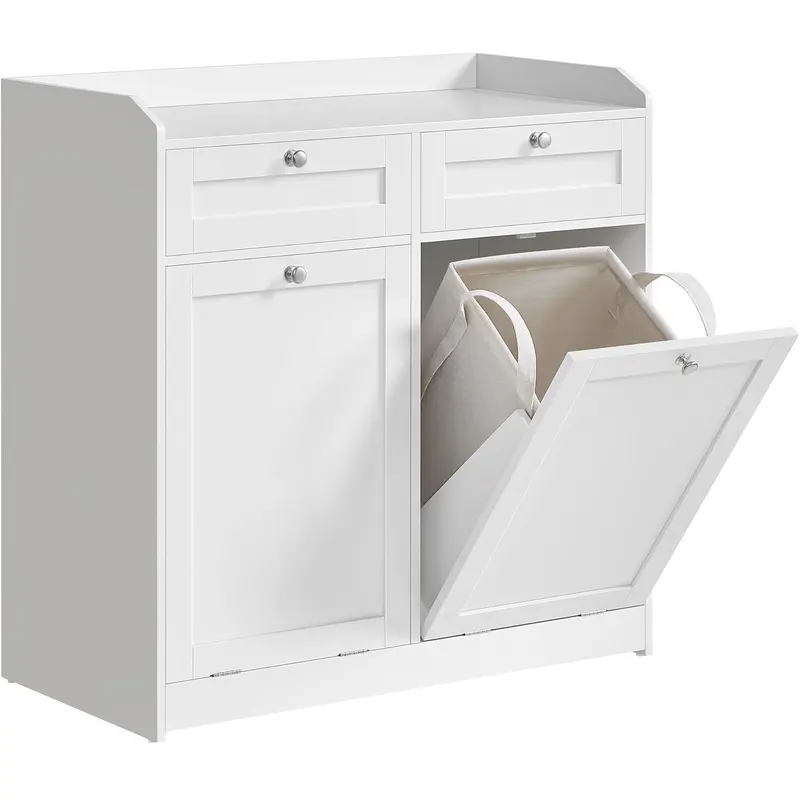 Dulap baie de podea, 2 cosuri de rufe integrate cu saci detasabili, 2 sertare, 79x40x80 cm, alb