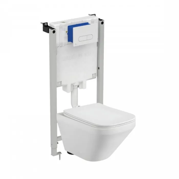 Set vas wc suspendat rimless, dreptunghiular, capac slim softclose, Bristol si rezervor incastrat Prosys cu set de fixare inclus si clapeta Oleas M1 alb lucios, Ideal Standard