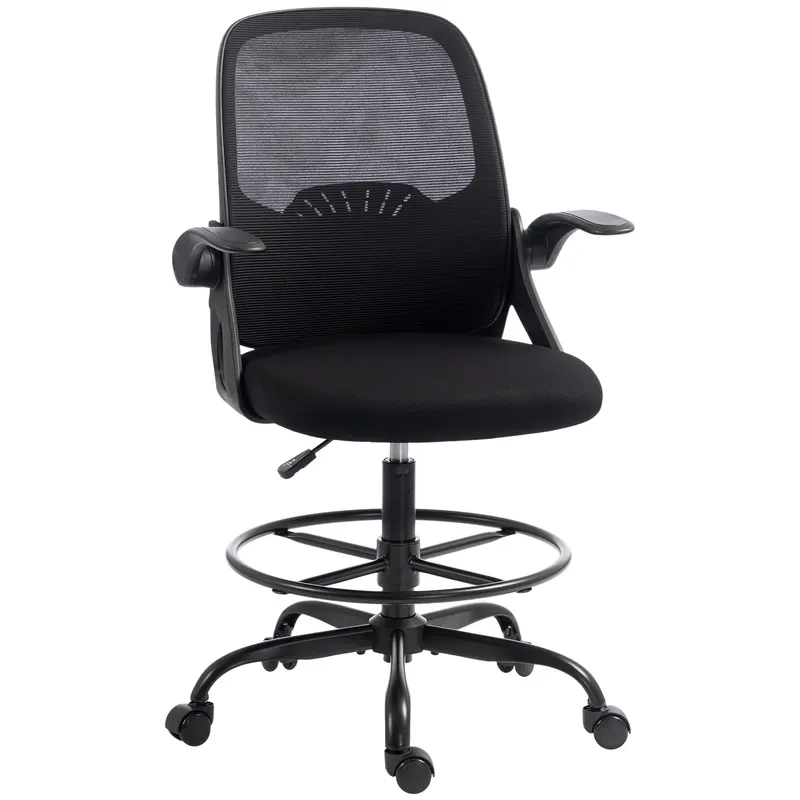 HOMCOM Scaun de Birou Ergonomic din Plasă, cu Suport Lombar și Suport pentru Picioare Reglabil, Cotiere Rabatabile, Negru