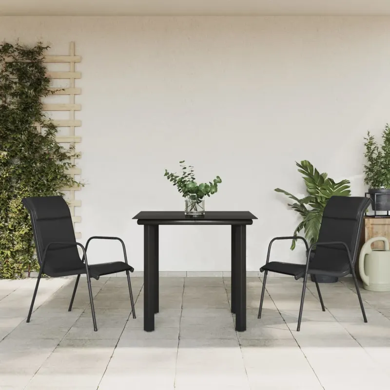 set mobilier de gradina, 3 piese, negru, textilena si otel