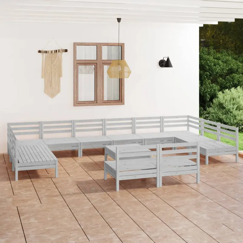 set mobilier de gradina, 13 piese, alb, lemn masiv de pin