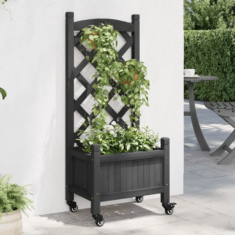 jardiniera cu spalier si roti, negru, lemn masiv de brad