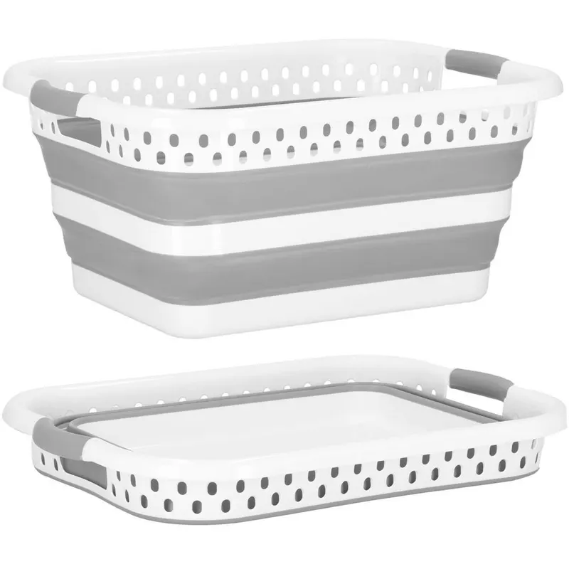 Cos de rufe pliabil tip lighean, cu manere, din plastic si silicon, 53x38x24cm, 24litri, gri