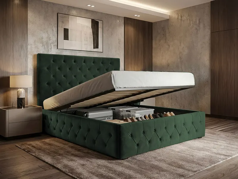 Pat Tapitat cu somiera Rabatabila si lada de depozitare - Noble Verde - Velluto 27 160x200
