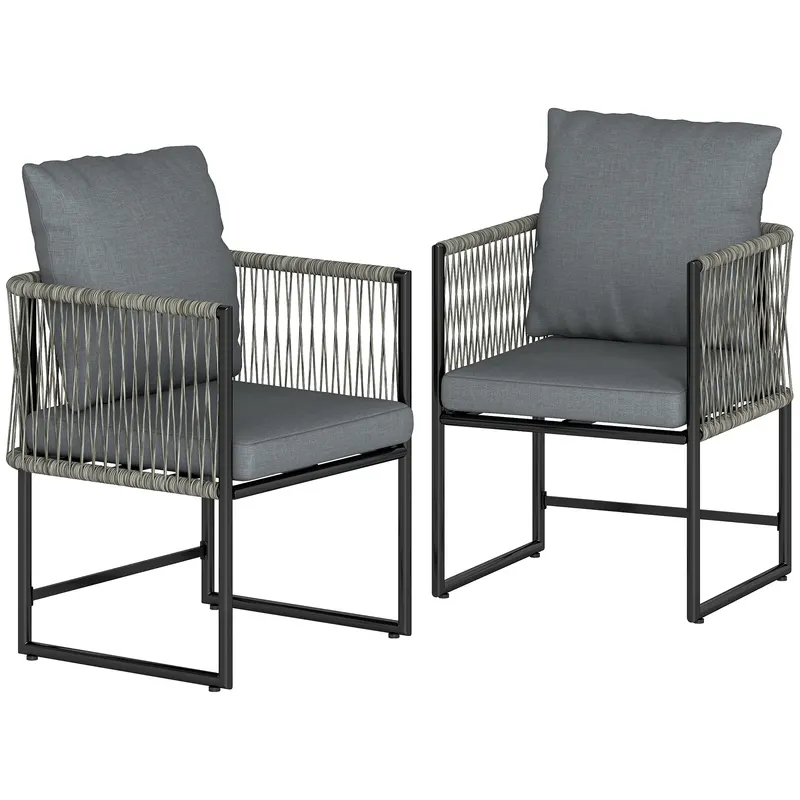 Outsunny Set 2 scaune de grădină rezistente la intemperii din oțel și PE-Rattan cu pernă cotieră spătar 52x52x66 cm Gri închis
