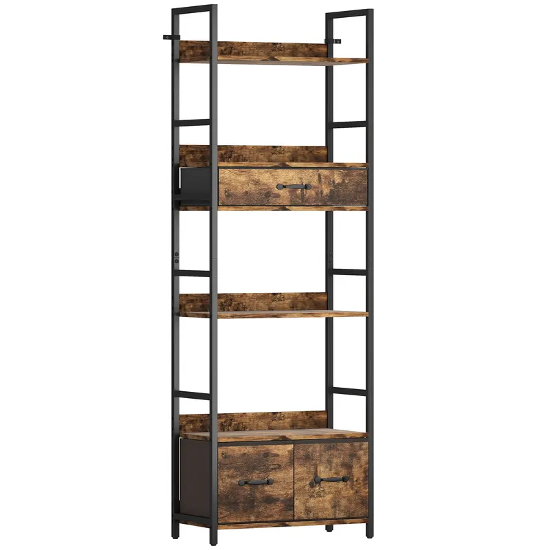 HOMCOM Bibliotecă raft de depozitare cu 6 niveluri cu 4 rafturi, 3 sertare din material textil, 60x30x176cm, maro rustic