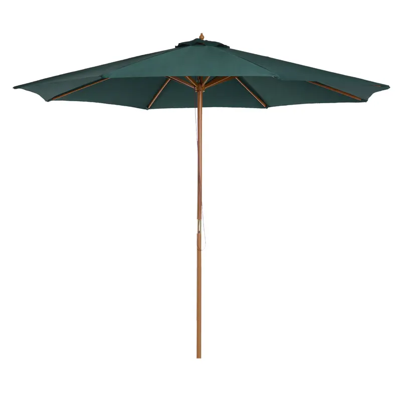 Outsunny Umbrelă de Grădină cu Deschidere cu Șnur, Stâlp din Lemn și Înveliș din Poliester, Ø300x250 cm, Verde Închis