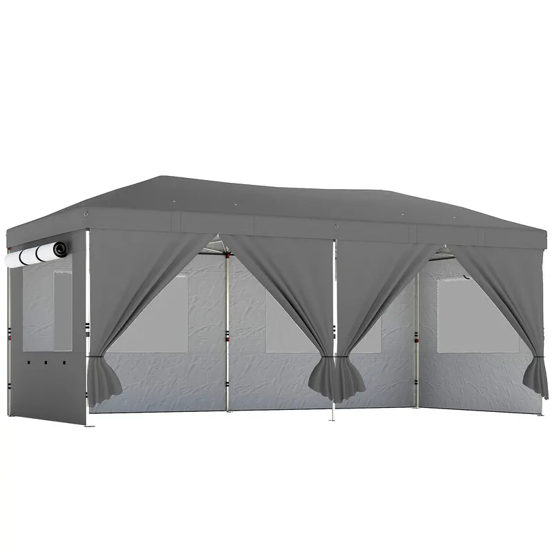 Outsunny Foișor Pliabil 3x6m Pop-Up cu 6 Pereți Laterali, Foișor de Grădină Reglabil pe Înălțime cu Saci de Nisip, Geantă cu Roți, UV50+ pentru Exterior, Gri Închis