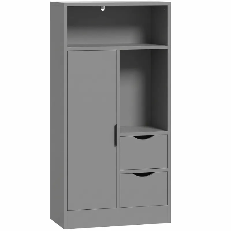 HOMCOM Mobilier pentru baie, dulap de depozitare îngust cu 2 sertare, compartimente deschise, 50x25x100cm, gri