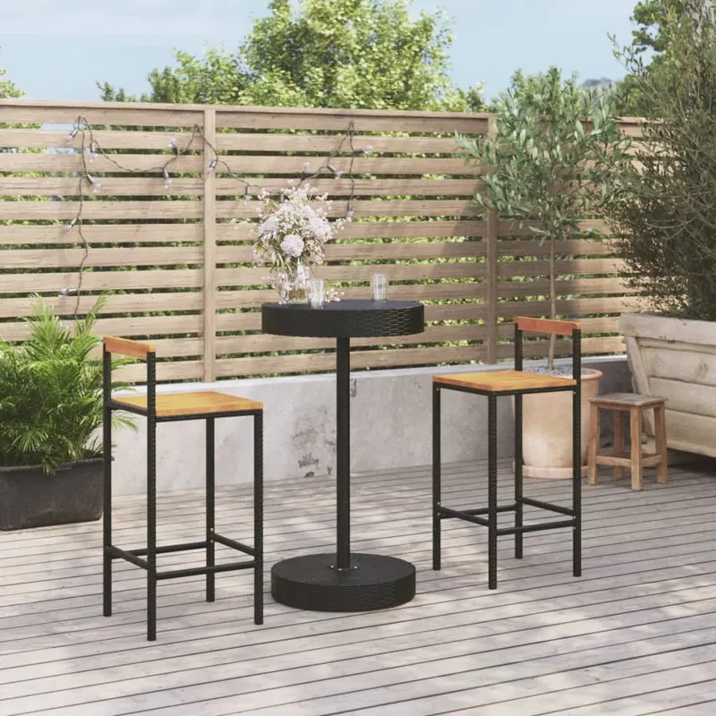 set bar pentru gradina, 3 piese, negru, poliratan/lemn acacia