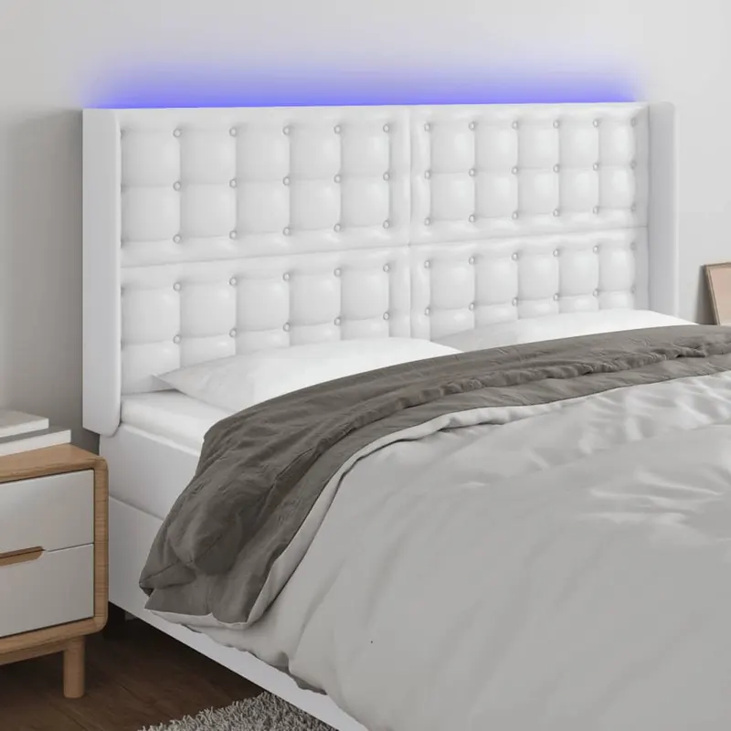 tablie de pat cu led, alb, 147x16x118/128 cm, piele ecologica