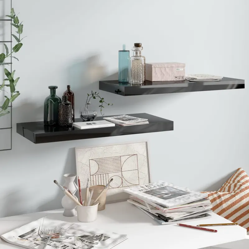 rafturi de perete 2 buc. negru extralucios, 60x23,5x3,8 cm, mdf