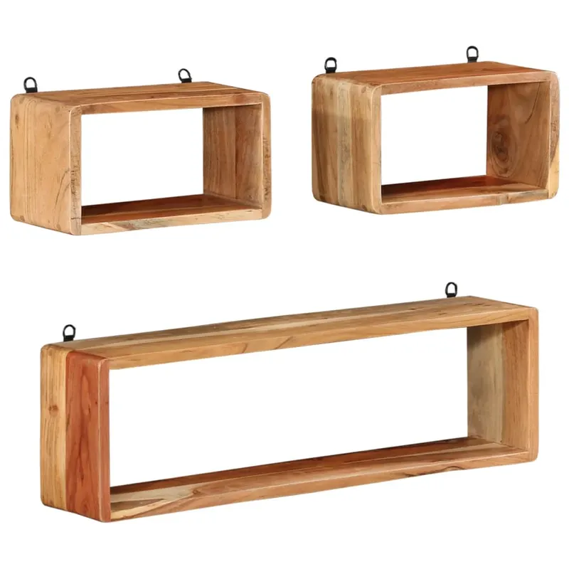 set rafturi de perete cub, 3 piese, lemn masiv acacia