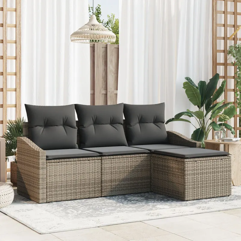 set canapea gradina cu 4 piese si perne gri din poly rattan