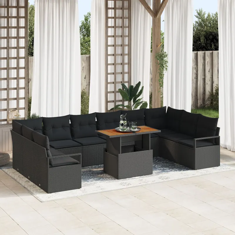 Set canapea gradina cu 11 piese si perne negru ratan polimeric, canapea gradina cu 2 locuri cu depozitare si perne negru ratan polimeric