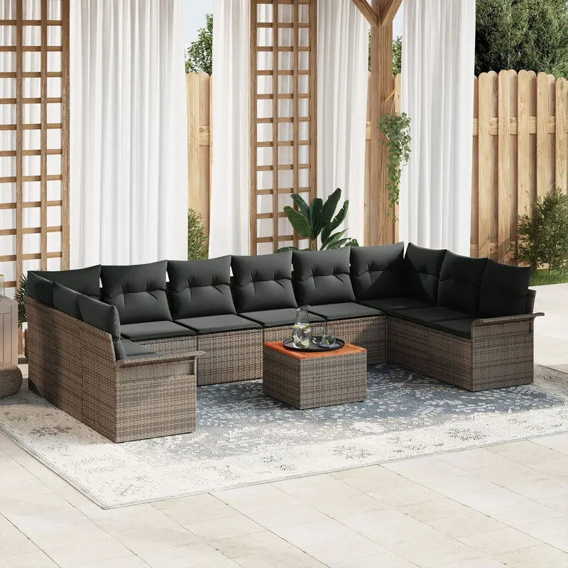 set de canapea de 11 piese pentru gradina cu perne gri poli ratan acacia