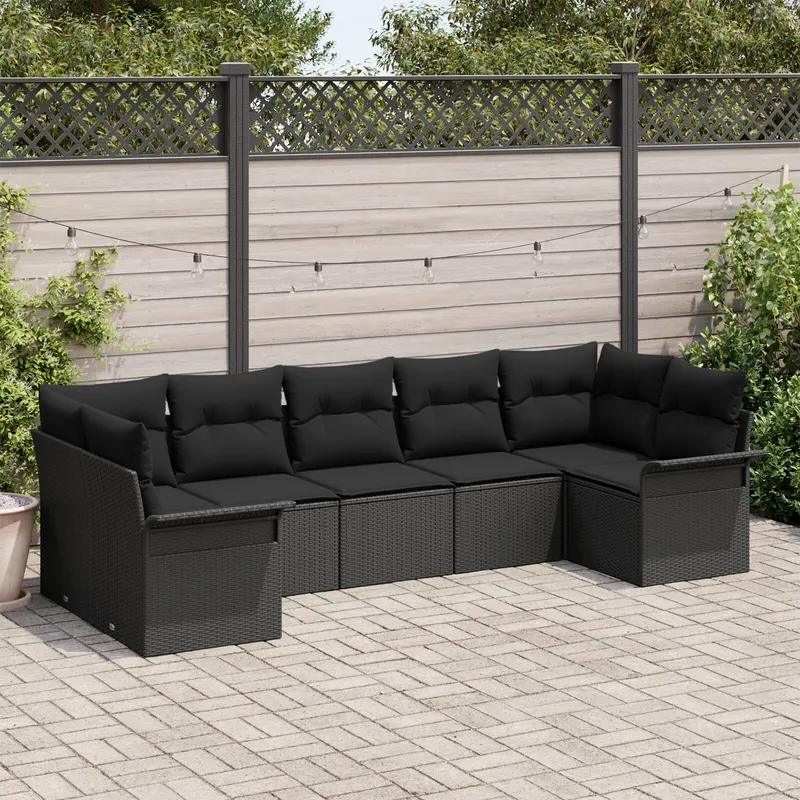set de canapea de gradina cu perne negre din ratan poliester