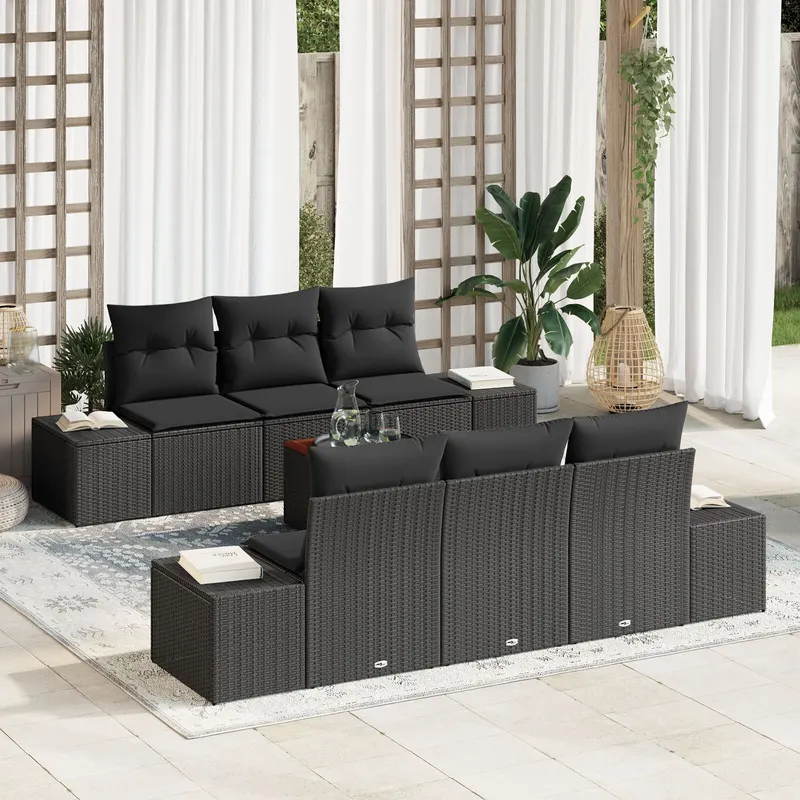 set canapele gradina cu 7 piese si perne negre din ratan