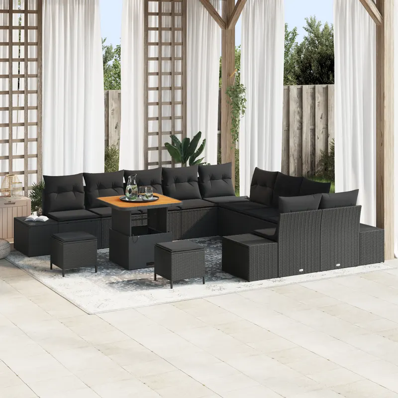 Set de sofa de gradina cu 13 piese si perne negru poliratan acacia, sofa de gradina cu 2 locuri si perne negru poliratan, set de cina de gradina cu 3 piese si perne negru poliratan acacia