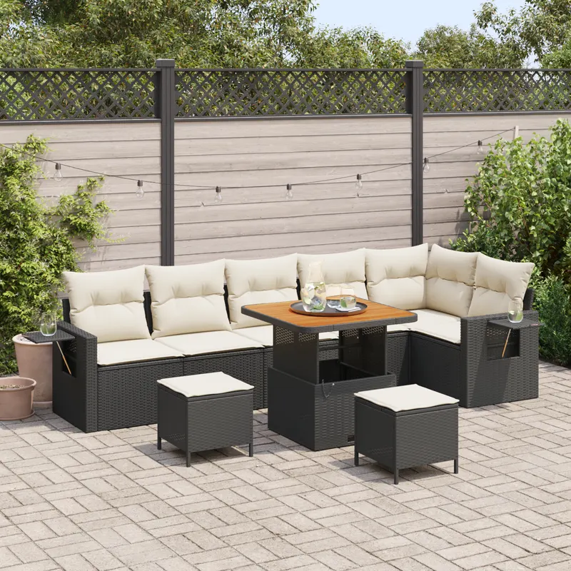 set de canapea pentru gradina , 9 piese, cu perne, ratan poly negru si acacia, set de dining pentru gradina , 3 piese, cu perne, ratan poly negru si acacia