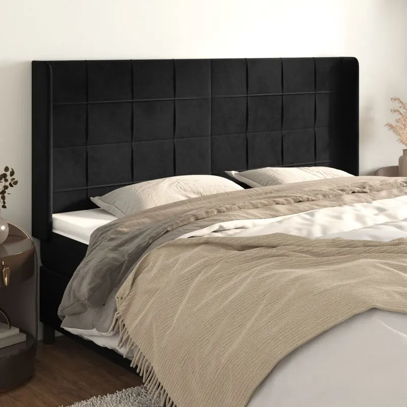 tablie de pat cu aripioare, negru, 163x16x118/128 cm, catifea