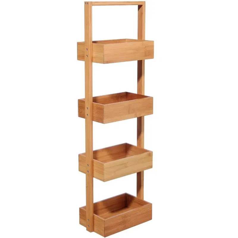Etajera bambus depozitare eficienta, 4 rafturi, 35x33x144 cm, organizare verticala, natur