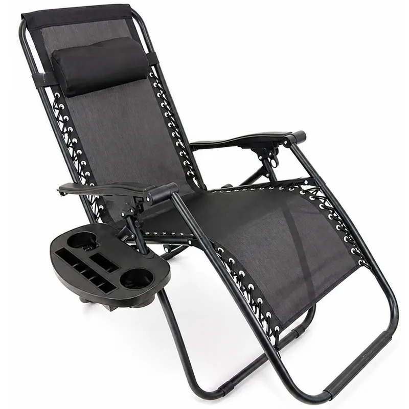 Sezlong pliant cu suport pahar, buzunar si perna, textilene, maxim 120 kg, 65x90x110 cm, negru